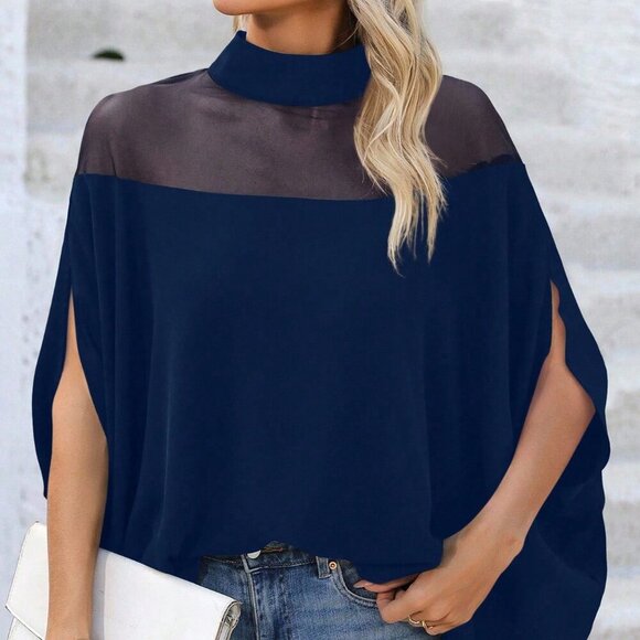 Navy Blue Casual Women's High Collar Mesh Blouse - Picture 3 of 7